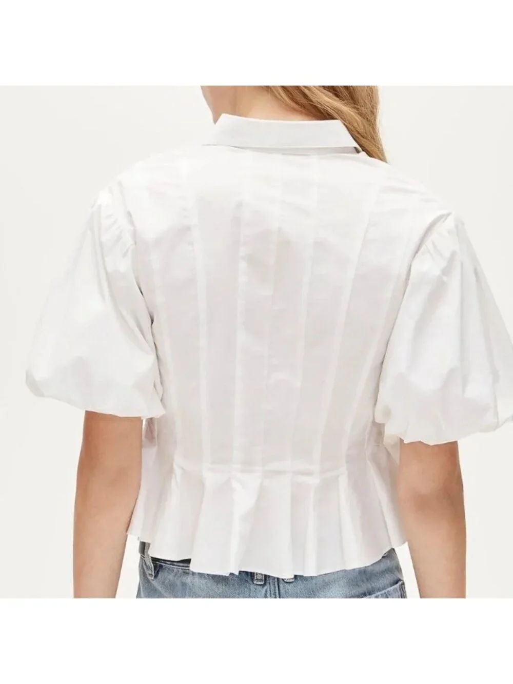J.Crew Puff-Sleeve Button-Up Shirt Sz 10 White Slim Peplum Top Coquette Romantic